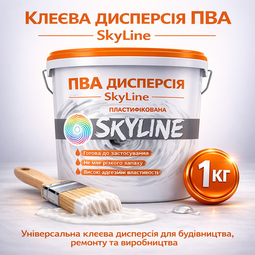 Клеєва дисперсія ПВА пластифікована SkyLine 1 кг універсальна, готова до застосування для дерева та будівельних сумішей Харків - фото 1