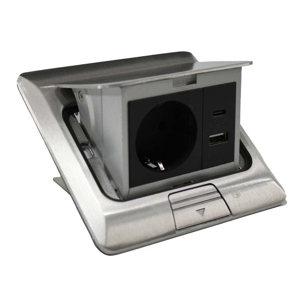 Розетка для пола с заземлением врезная 16А + 2USB (type C+A) 2.4А, IP44, алюминий Днепр - изображение 1