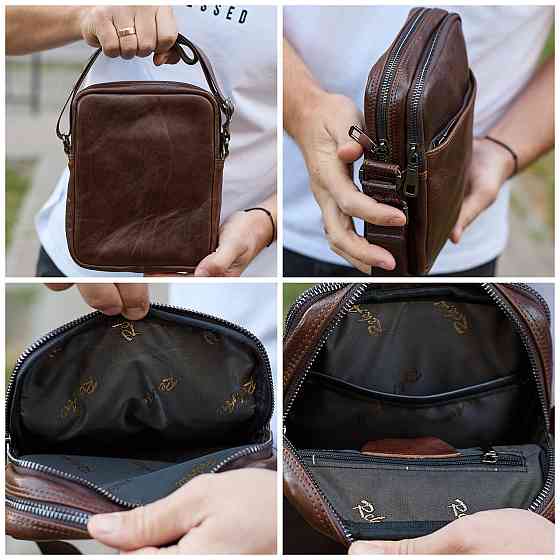 Мужской мессенджер через плечо 20х16х6, сумка планшетка для города, барсетка для телефона, коричневая Киев