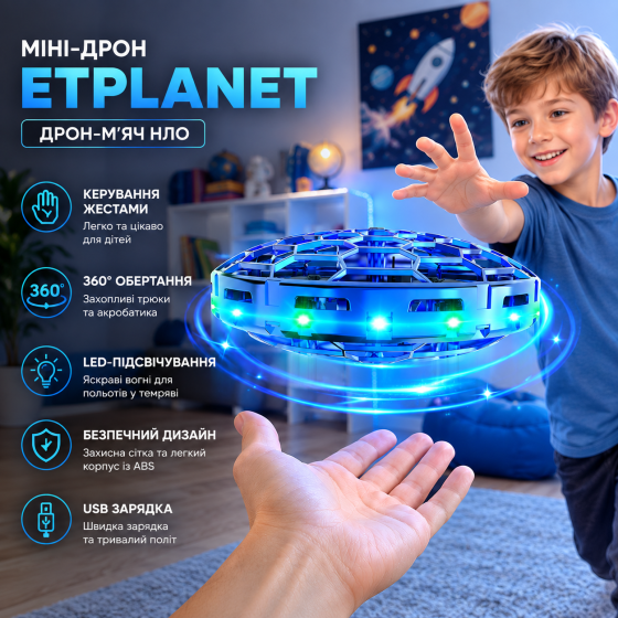 Ручной летающий мини-дрон ETPlanet для детей, управление жестами 360°, LED-подсветка, дрон-мяч НЛО Киев