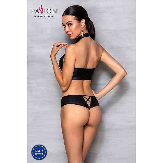 Комплект з еко-шкіри Passion NANACY BIKINI XXL/XXXL, black, бра та трусики з імітацією шнурівки Sex Aura Київ