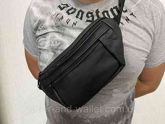 Шкіряна чоловіча сумка бананка чорного кольору Puos Київ