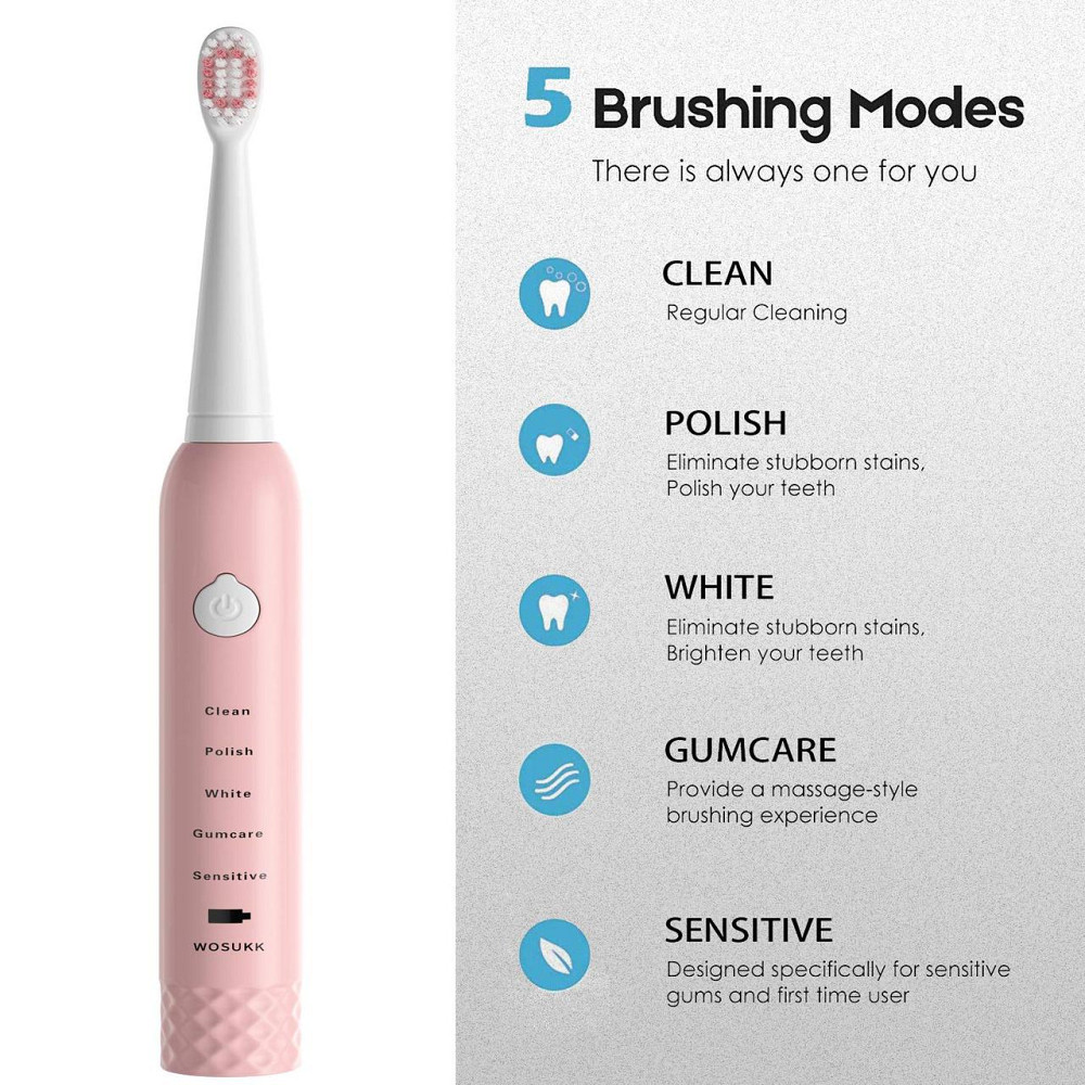 Звукова електрична зубна щітка WOSUKK Sonicare 2-in-1 Pink — Акумуляторна щітка на 5 режимів + 4 насадки Київ - фото 13