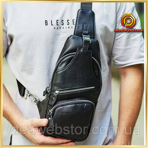 Мужская кожаная сумка слинг через плечо из натуральной кожи черная TIDING BAG Киев - изображение 1