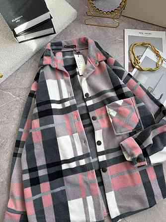 Женская теплая рубашка оверсайз в клетку на пуговицах турецкий флис Розовый Одесса