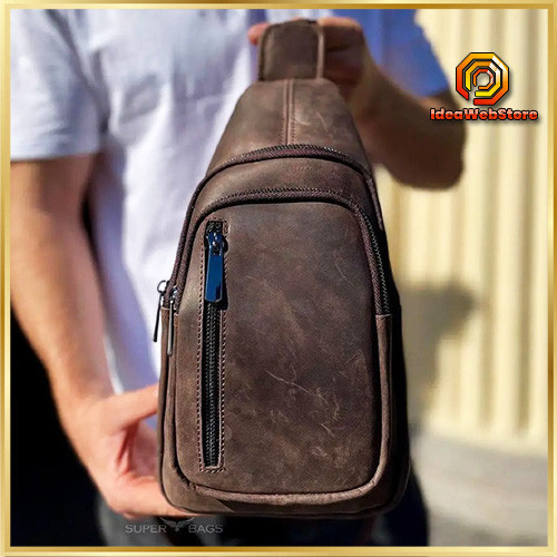 Стильная мужская сумка-слинг нагрудная из натуральной кожи на молнии коричневая Киев - изображение 1