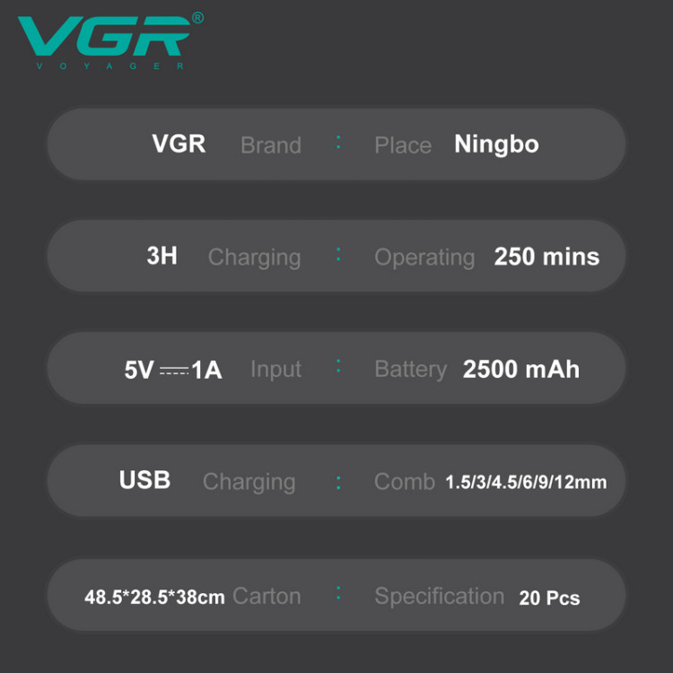Машинка для стрижки VGR V-003 Turbo режим 9000 RPM керамическое лезвие (6 насадок) Зеленый Винница - изображение 7
