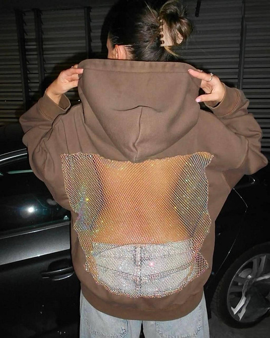 Жіночий стильний оверсайз худі з блискучою сіткою на спині тринитка на флісі + сітка Капучино Одеса - фото 1