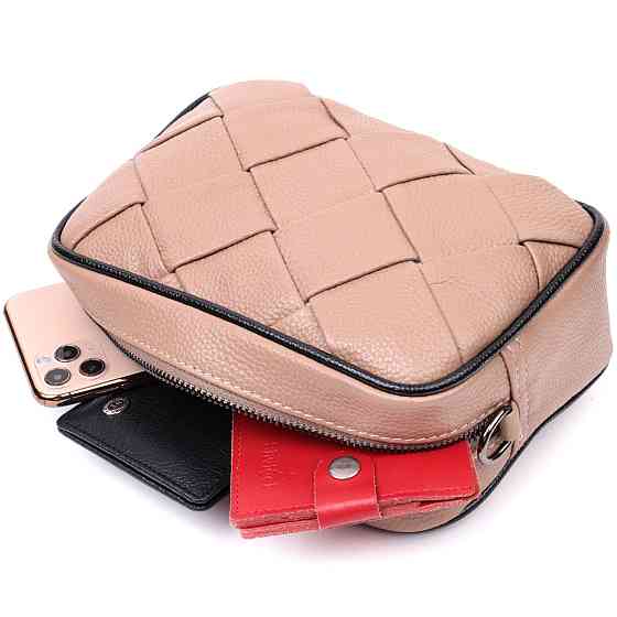 Модна шкіряна сумка з плетіннями для стильних жінок Vintage 22409 Бежева Київ