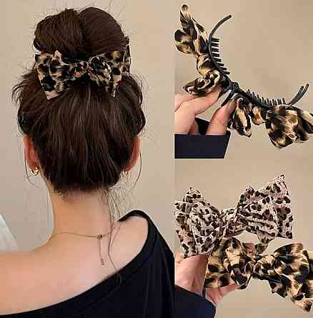 Заколка краб для волос с бантом леопардовый принт, набор 2 шт Киев