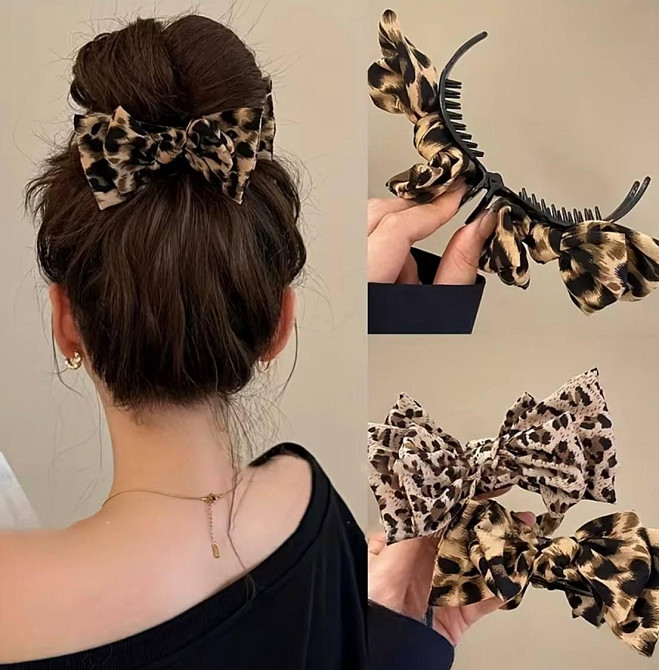 Заколка краб для волос с бантом леопардовый принт, набор 2 шт Киев - изображение 5