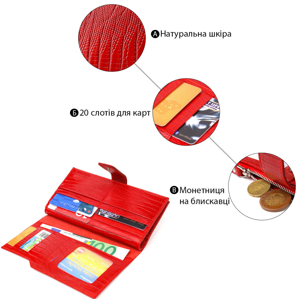 Красивый женский кошелек из натуральной фактурной кожи Красный (CANPELLINI) Киев - изображение 8