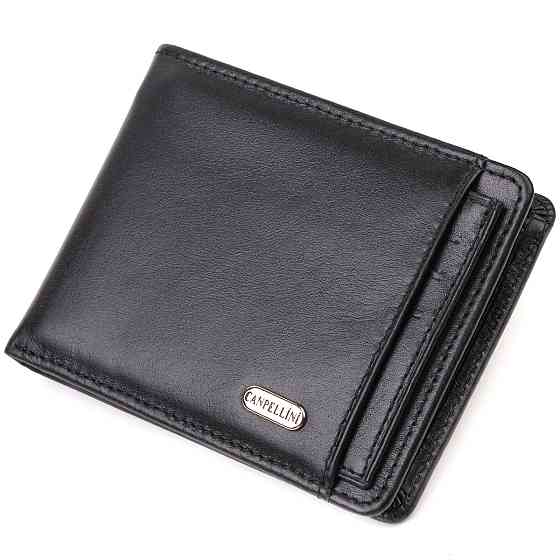 Практичний компактний гаманець із вкладишем для посвідчення для чоловіків з натуральної гладкої шкіри Чорний (CANPELLINI) Київ