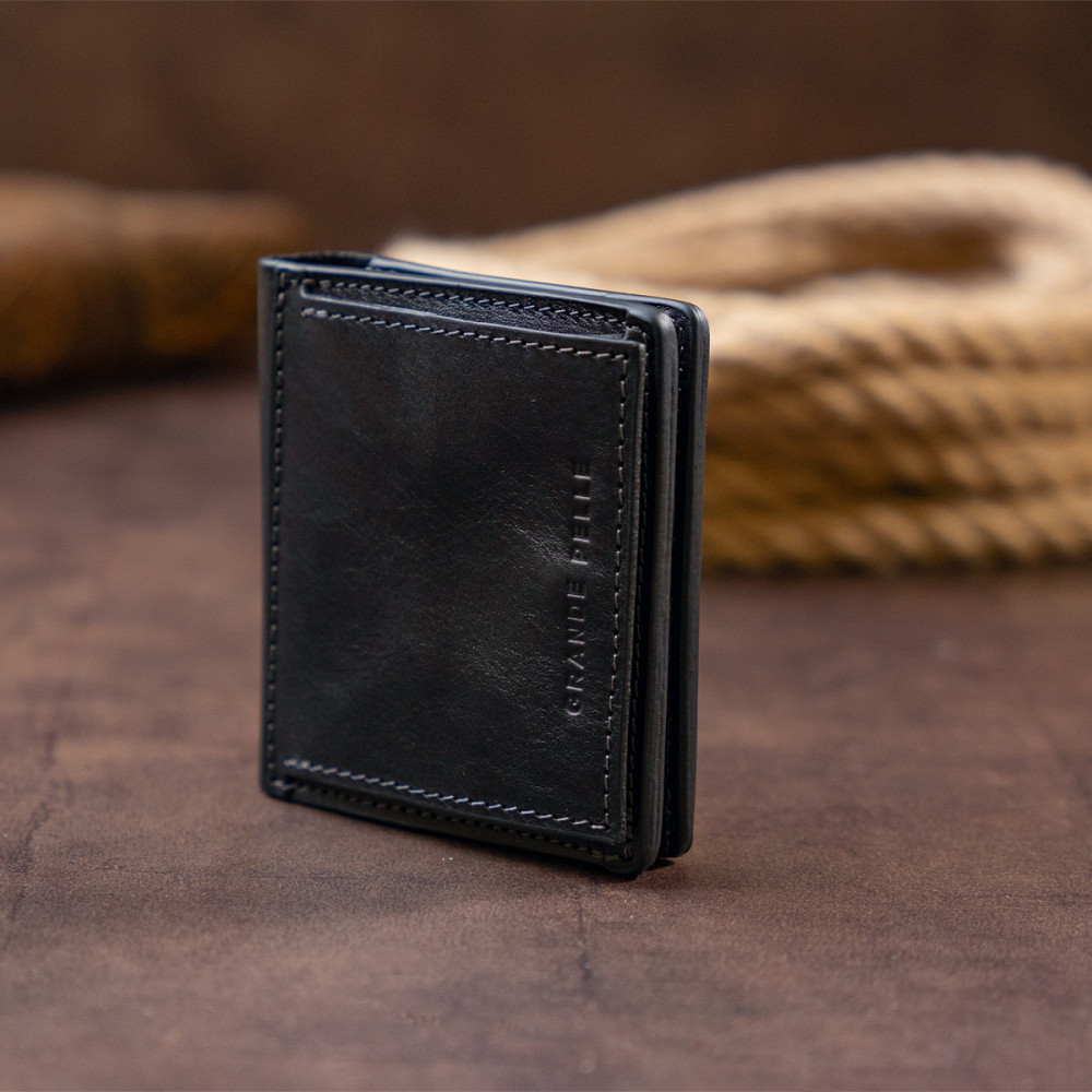 Вертикальне глянсове портмоне з накладною монетницьою GRANDE PELLE 11329 Чорне Київ - фото 10