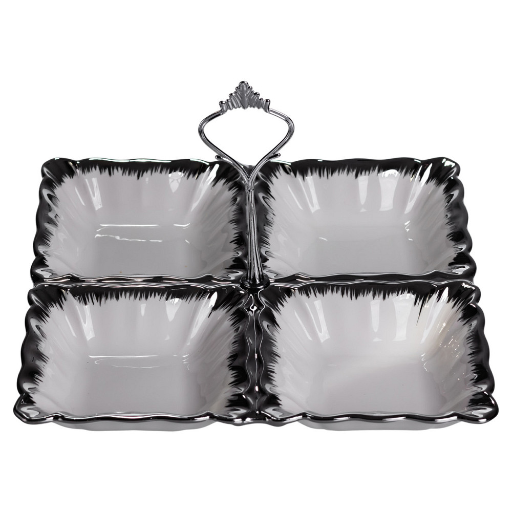 Yiwu Менажниця порцелянова на 4 секції 22.5×22.5×3 (см) з ручкою Білий зі сріблом LC-BYL-101-S Коломия - фото 3