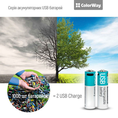 Акумулятор ColorWay AA USB-С 2220 mAh 1.5V (2шт) (Li-Polymer) (CW-UBAA-10) Вінниця - фото 5