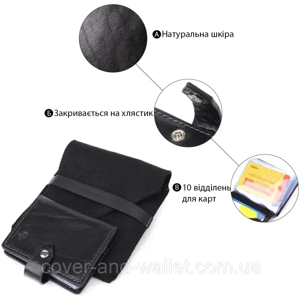 Компактна візитниця з італійської шкіри чорного кольору ручної роботи Grande Pelle Ricco Київ - фото 3