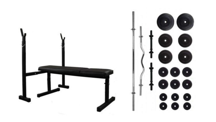 Скамья для жима + 4 грифа + блины общий вес 75 кг Гантели, гири, штанги и диски АВС пластик комплект Киев - изображение 1