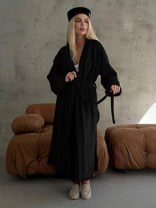 Жіночий затишний оверсайз кардиган із поясом альпака Чорний Одеса - фото 1