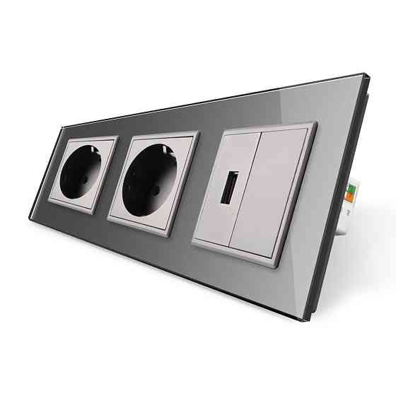 LIVOLO Розетка тримісна силова із заземленням і USB Livolo сірий скло (VL-C7C2EU1USB0-15) Коломия