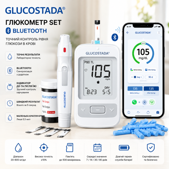 Глюкометр з Bluetooth мг/дл з індикатором до та після їжі, 10 тест-смужок, ланцети Київ