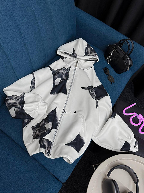 Жіноче тепле оверсайз худі на блискавці з доберманами трьохнитка на флісі Одеса - фото 1