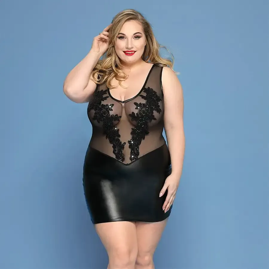 Елегантна сукня JSY «Леді Софія» Plus Size, black, дрібна сітка, вишивка, екошкіра Львів - фото 1