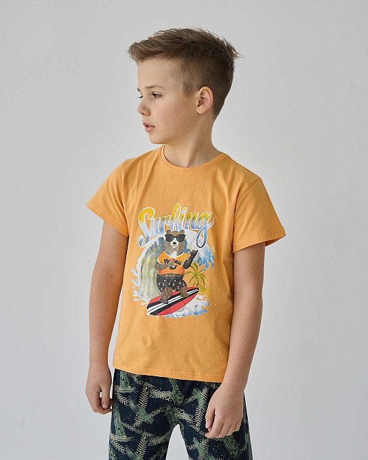 Підлітковий комплект із шортами на хлопчика Tom John — Ведмедик на серфі — Family look тато/син 89900 8-9, Жовтий Київ - фото 7