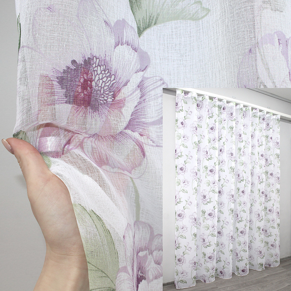 Тюль батист, колекція "Flora" колір білий з бузковим та салатовим 1367т Київ - фото 1