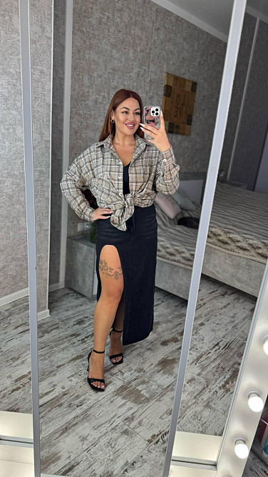 Женская оверсайз рубашка в клетку турецкая фланель Беж, 50/56 Одесса - изображение 3