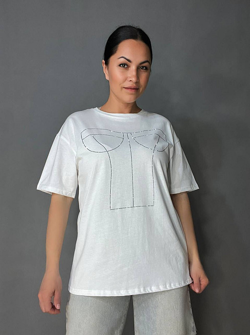 Футболка жіноча A-N 0098 з камінням імітація корсету оверсайз, білий, one size Київ - фото 11