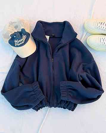 Женский объемный флисовый бомбер на молнии двусторонний флис Синий Одесса