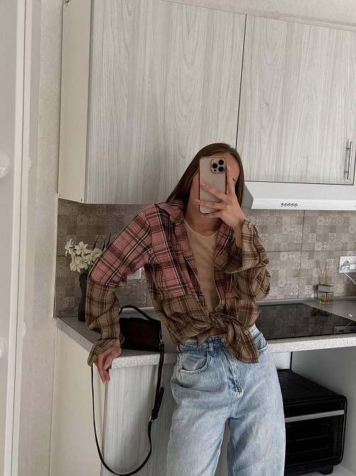 Женская двухцветная оверсайз рубашка в клетку фланель Одесса - изображение 6