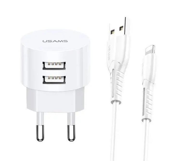 Зарядний пристрій мережевий 2USB + кабель Lightning 2,1А білий Usams XTXLOGT1804 Житомир - изображение 1