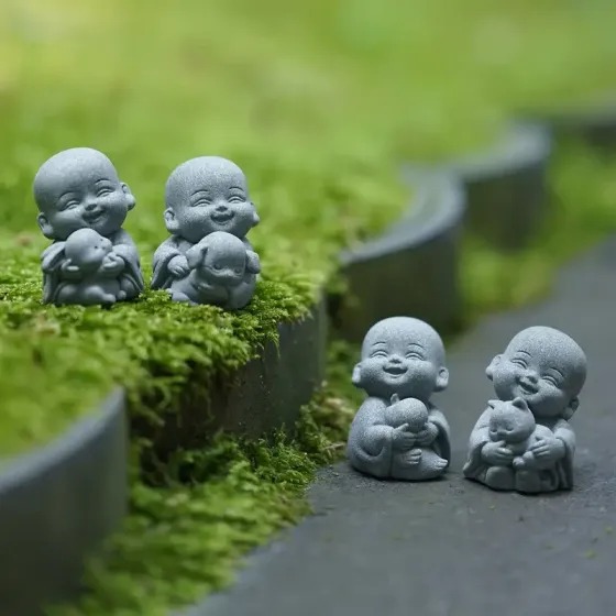 Набор фигурок маленьких монахов с животными – декоративные статуэтки для дома, сада или мини-композиций Киев