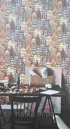 Шпалери вінілові на флізеліні AdaWall Roka 1.06х10 будинку для дитячої кімнати теракота коричневі жовті 23115-3 Київ