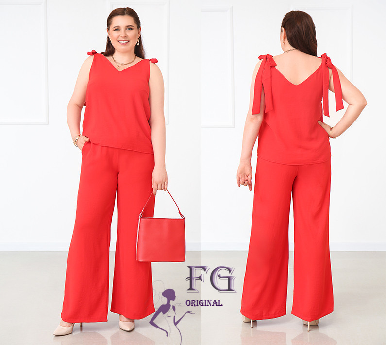 Літній жіночий костюм із широкими штанами "Ясмин" оптом | Норма та батал | Розпродаж моделі Червоний, 52 Київ - фото 1