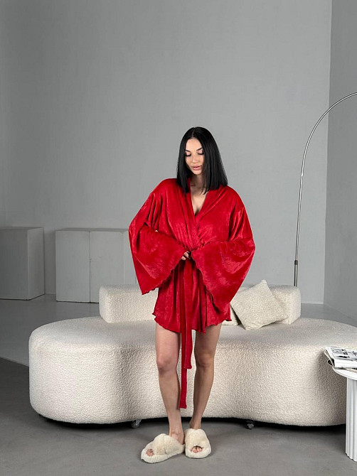 Женский домашний велюровый мини халат плюш велюр Красный, 48/52 Одесса - изображение 3