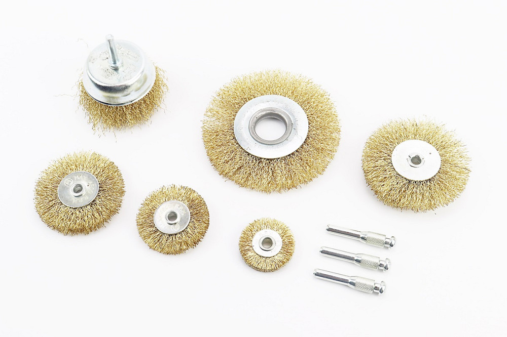 Набір щіток 6шт - торц./диск. зі стрижнем 1/4" D-75//40/50/63/75/100мм з латунованого рифленого дроту 19-9600 Київ - фото 1