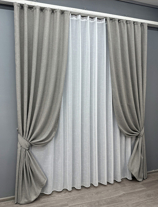 Комплект штор VR-Textil Лен Мешковина 150х270 2шт и Тюль 400х270 1016ш-115т Светло-серый с белым 71-026/3 Киев - изображение 2