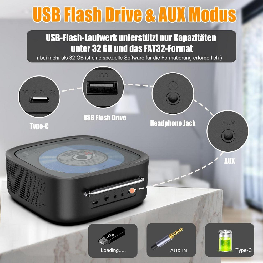 CD-плеєр портативний, програвач компакт-дисків з Bluetooth FM-радіо, стереодинаміками, пультом з акумулятором 3000 мАгод Київ - фото 7