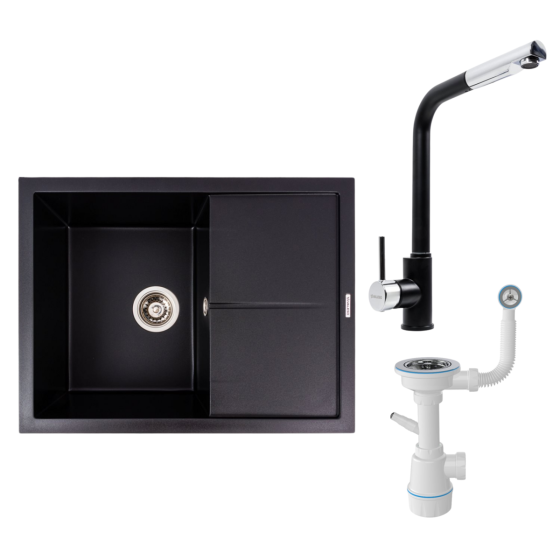 VALESO Комплект: Мийка гранітна 6550 CRIPTA VALESO + Змішувач Q411MB + Сифон (Чорний) Киев
