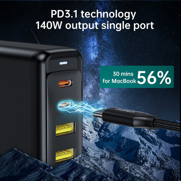 Зарядний пристрій 4xUSB 140W GaN (2хUSB-C+2хUSB-A) чорний Choetech (PD6005-EU-BK) Киев - изображение 6