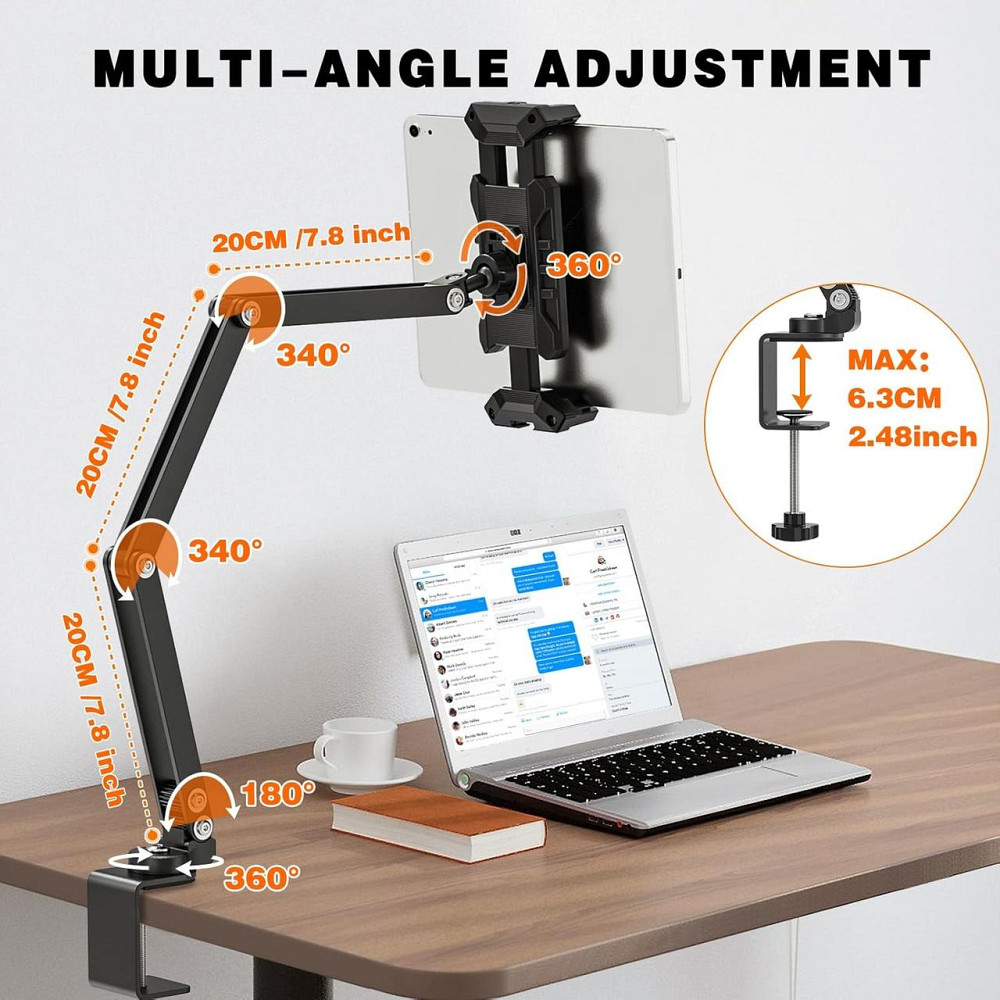 Тримач для планшета на стіл і ліжко 360° регульований для 4.7–13.5" алюмінієвий чорний Київ - фото 3