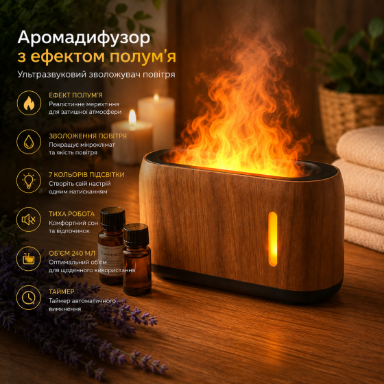 Уценка: Ультразвуковой аромадиффузор-увлажнитель воздуха с эффектом пламени (7 цветов) 240 мл Коричневый с пультом Киев