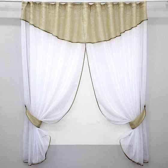 Кухонный комплект VR-Textil № 084к шторки с ламбрекеном золотистый с белым 270х170 см (52-0221) Киев