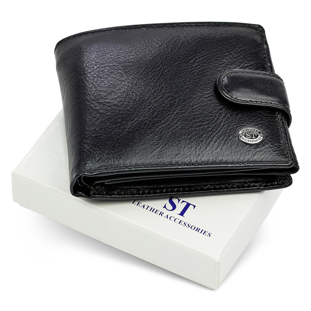 Мужской кошелек из натуральной кожи ST Leather черное портмоне на застежку с кнопкой на подарок мужчине Киев - изображение 3