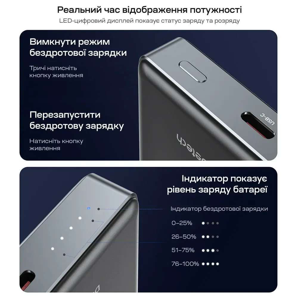 Повербанк 10000mAh Choetech B739 Black QC3.0 PD3.0 бездротова магнітна зарядка (43-00151) Київ - фото 15