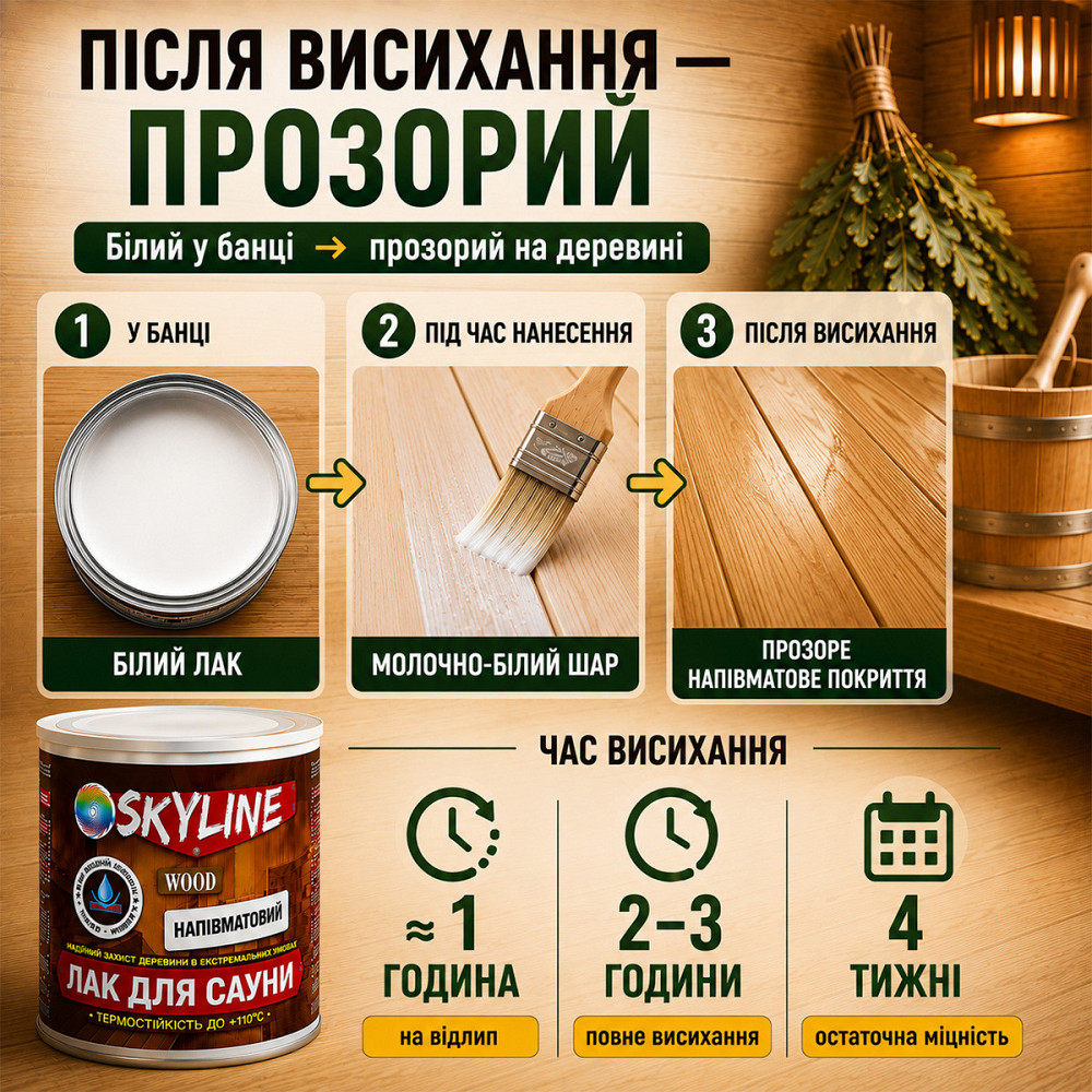 Лак для сауны SkyLine WOOD 0.75 л — акриловый полуматовый лак для дерева, прозрачный, без запаха, термостойкий до +110°C Харьков - изображение 9
