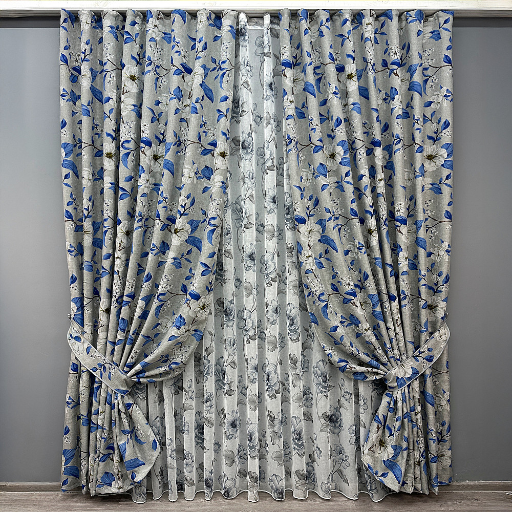 Комплект штор VR-Textil Лен Прованс 150х265 2шт и Тюль 600х265 1725ш-1543т Светло-серый с синим и белым 71-105/5 Киев - изображение 1